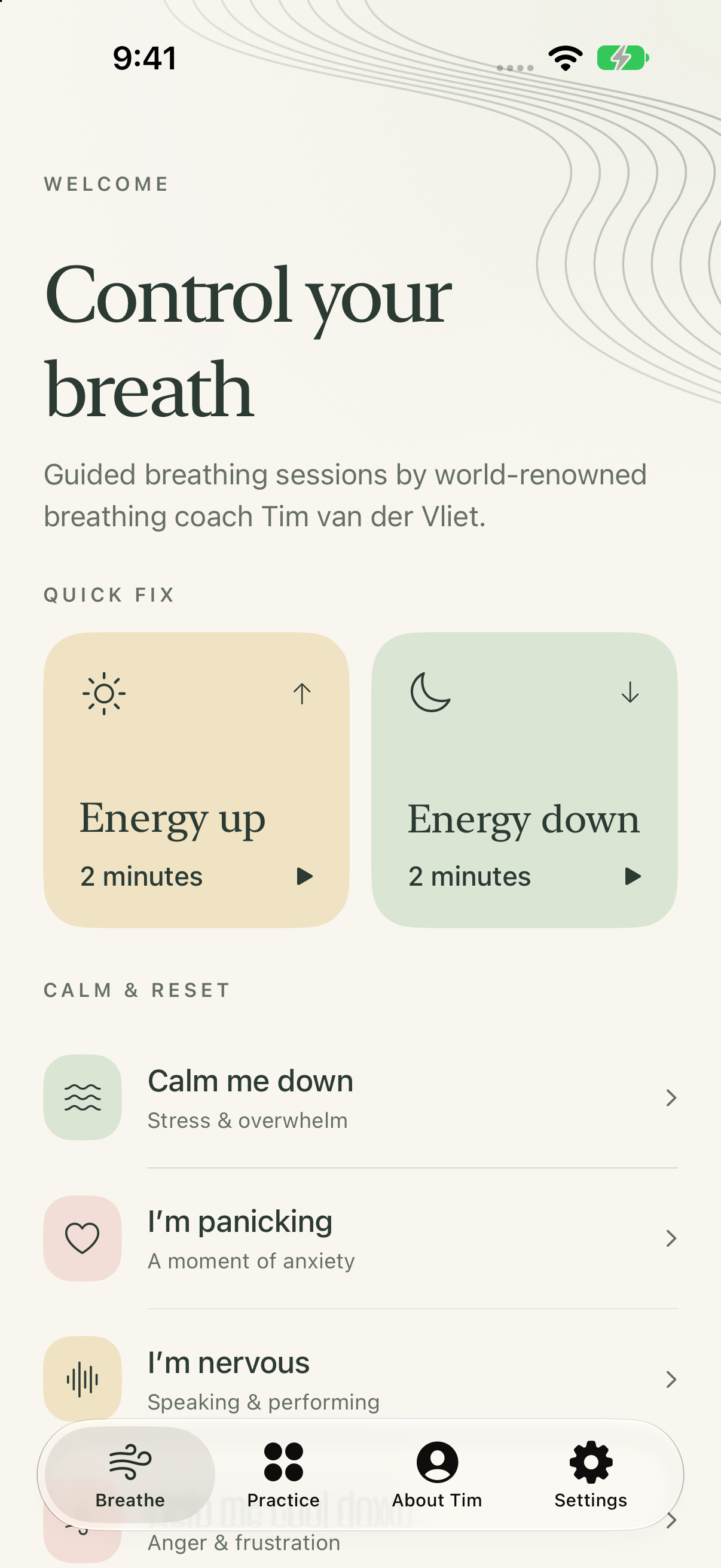 The iPhone app, with quick sessions and a library organized by how you’re feeling.